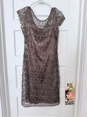 Vintage R&M Richards Metallic Taupe Lace Fringe Cap-Sleeve Dress